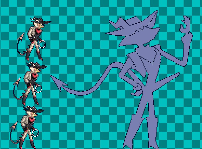 A work-in-progress image of a sprite of Striker's statue, complete with his sex-shooter schlong-a-dong