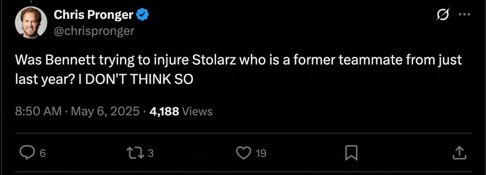 A tweet from Chris Pronger that reads "Was Bennett trying to injure Stolarz who is a former teammate from just last year? I DON'T THINK SO" 