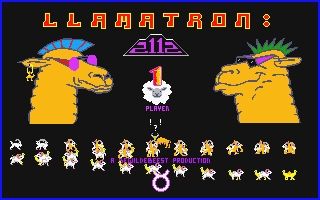 Title screen from the Atari ST game Llamatron 2112 featuring a llama and a camel in rad shades.