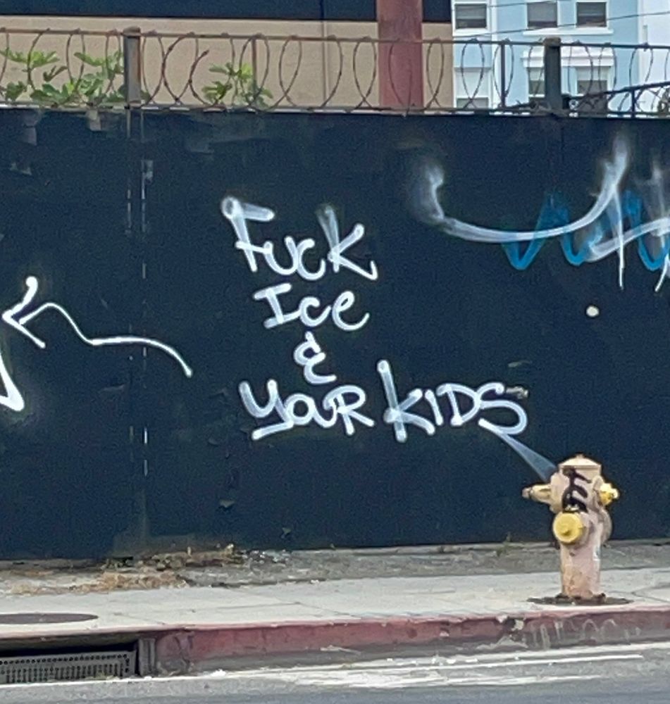 A black wall with white spray paint that reads, “Fuck Ice & your kids.”