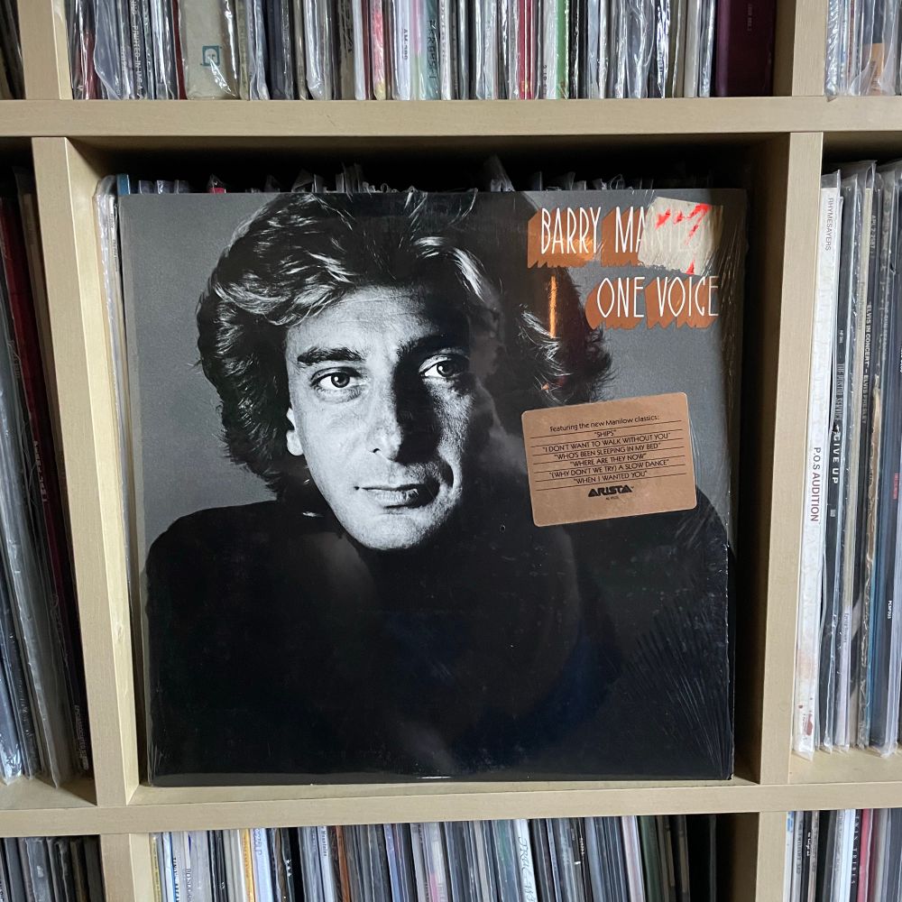 Barry Manilow’s ‘One Voice’ album on vinyl, perched in front of the spines of multiple other vinyl records. 