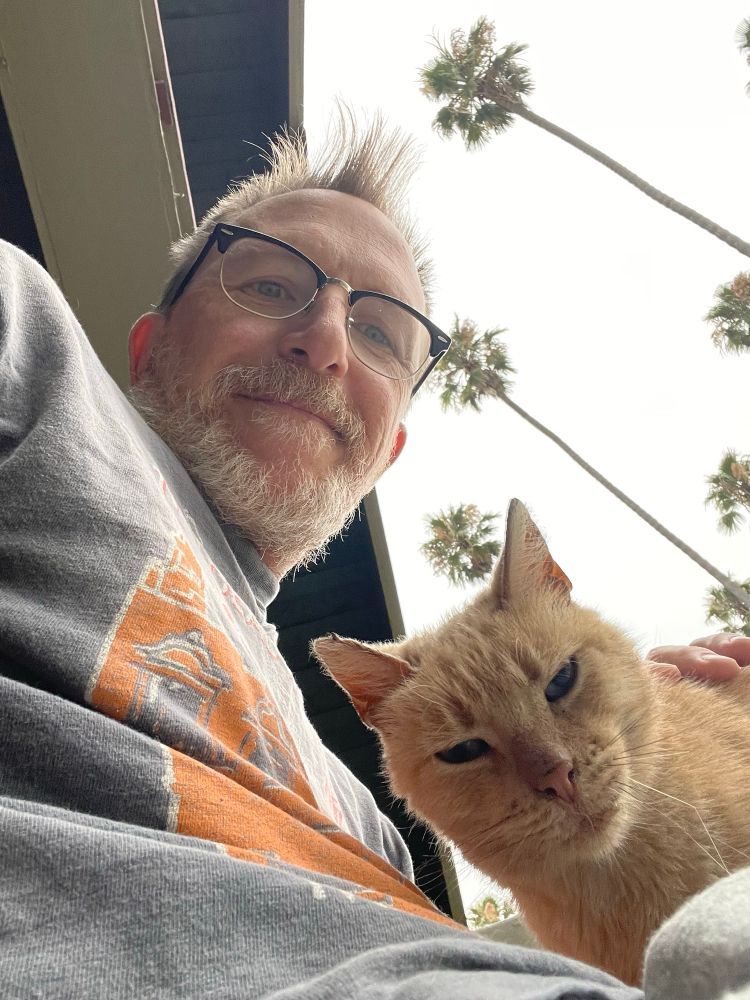 A selfie with a man in glasses and an orange cat. Tall palm trees are seen in the background.  