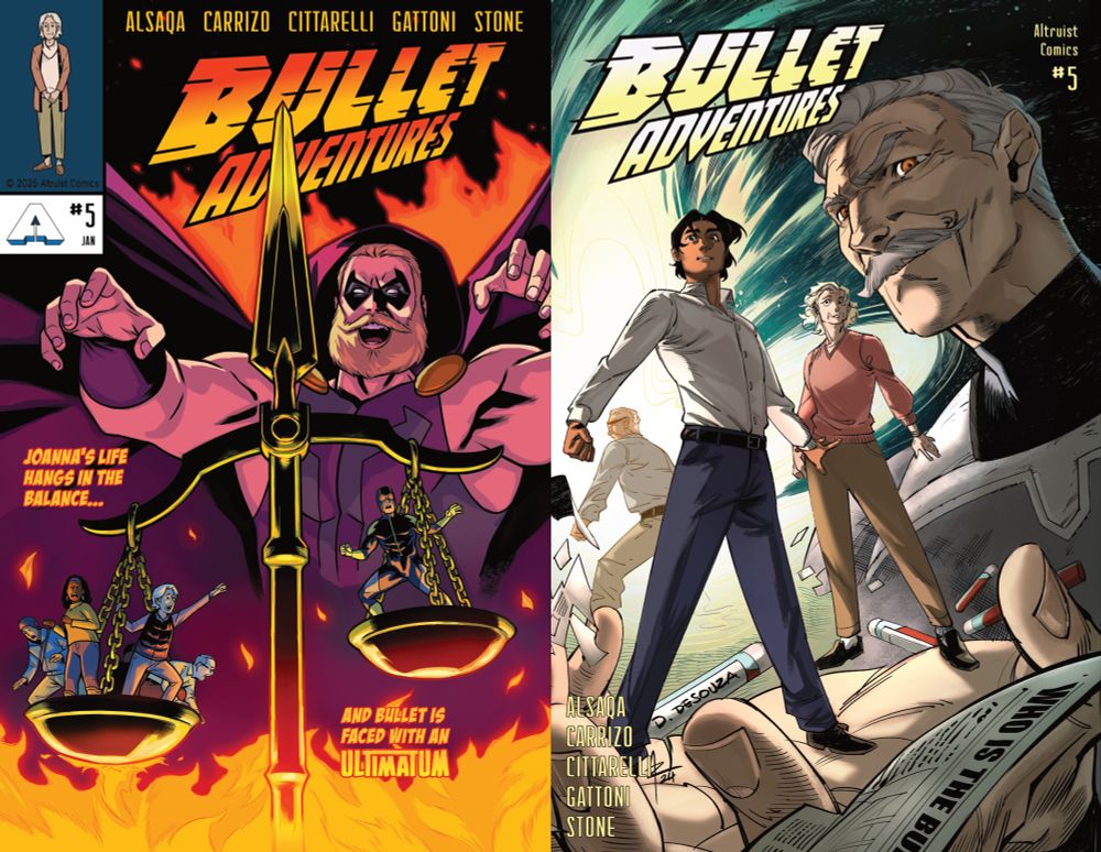 Cover A features Ultimatum looming over a scale, with Jo and several civilians on one side and Bullet on the other. Cover B features shots of Dale (young and old), Joanna, and Michael.