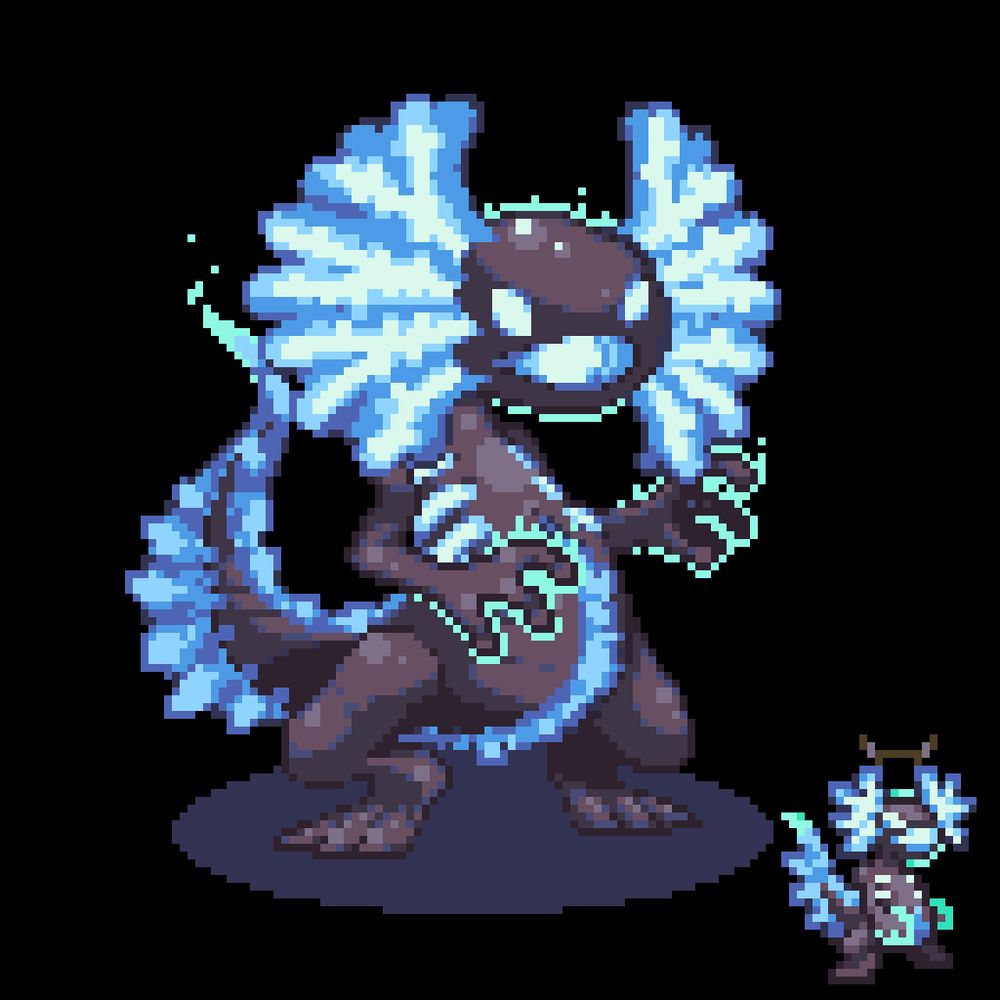 A mud-colored amphibian stands up on its two rear legs, humanoid hands leaned forward, an eerie blue emanating from its many glowing frills sprouting away from its face. Its mouth is agape, and a magical aura surrounds its hands, face, and long membraned tail. A miniature figurine (a "memento") is placed in the corner.