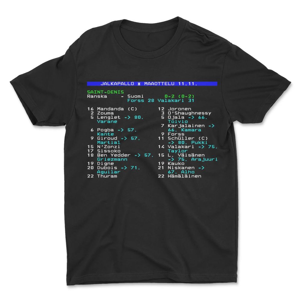 Musta t-paita, jossa on teksti-tv:n sivu 11.11.2020 pelatusta Ranska-Suomi jalkapallo-ottelusta