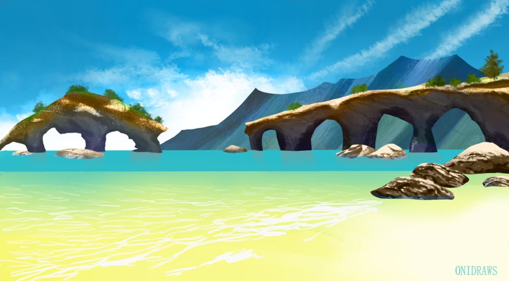 painting of the beach of costa del sol, it's sunny clear with rocks