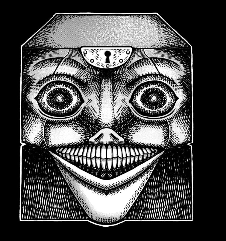 a scary looking face on a box smiling with all the teeth and eyes wide open