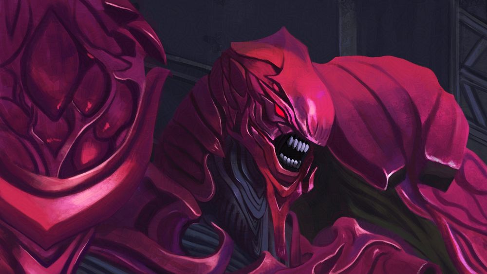Portrait study of the Ruby Weapon, a mecha from the game final fantasy 14. It is red, dark grey and purple, opening its mouth with teeth showing. The background is a grey hangar.