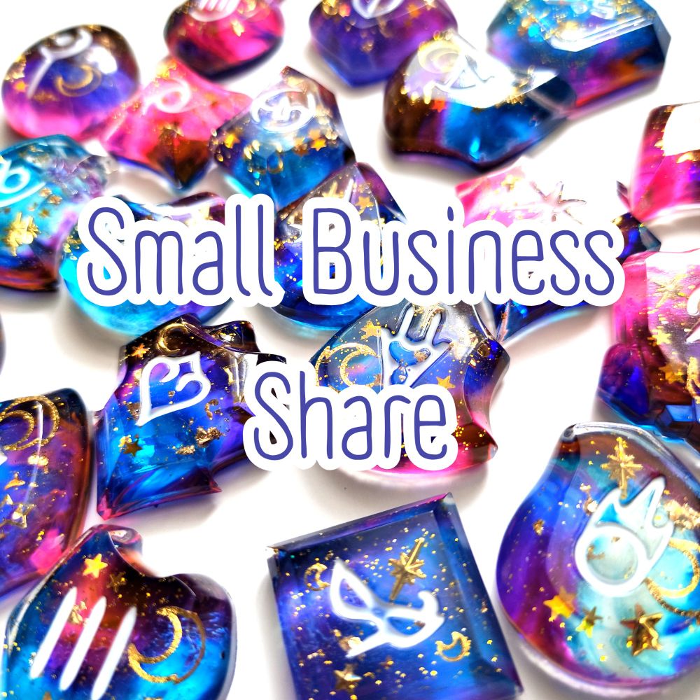 a photo of my resin job stones with a text that reads "small business share" in the middle