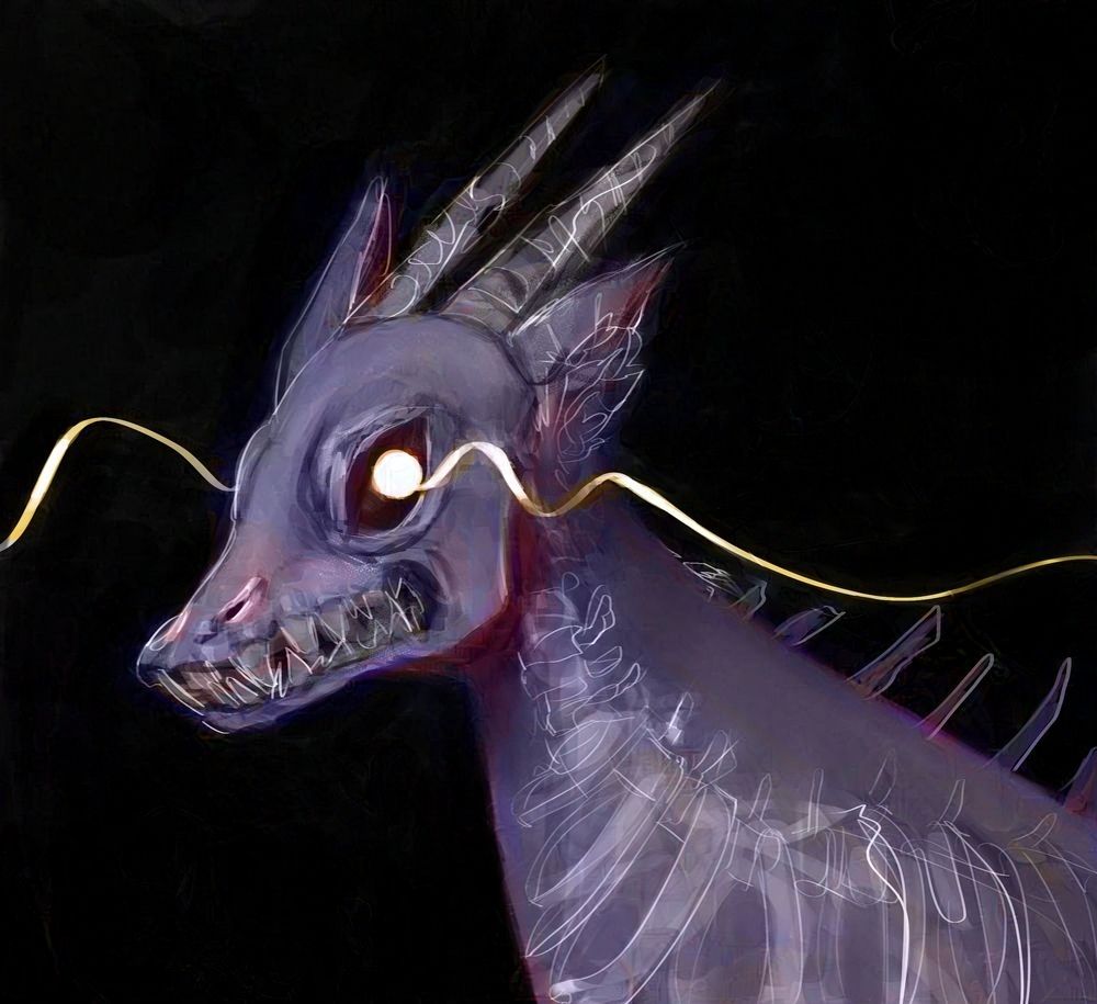 Painting of a bust of a creature with horns, red eyes with shiny gold pupils showing their teeth. There's a a gold ribbon coming out of the shiny eye that goes through the whole picture. The body of the creature is tranparent purple so you can see trhough the bones inside the body.
