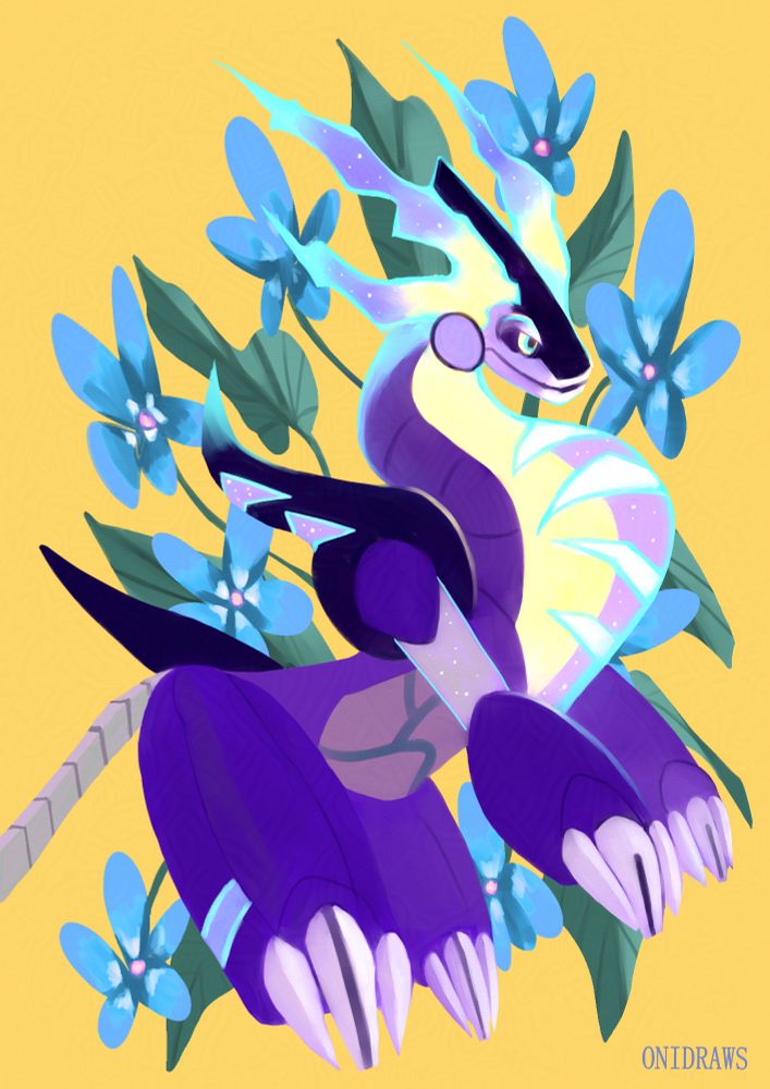 Painting of Miraidon standing in the air, behind are blue flowers with green leaves. The background is plain yellow.