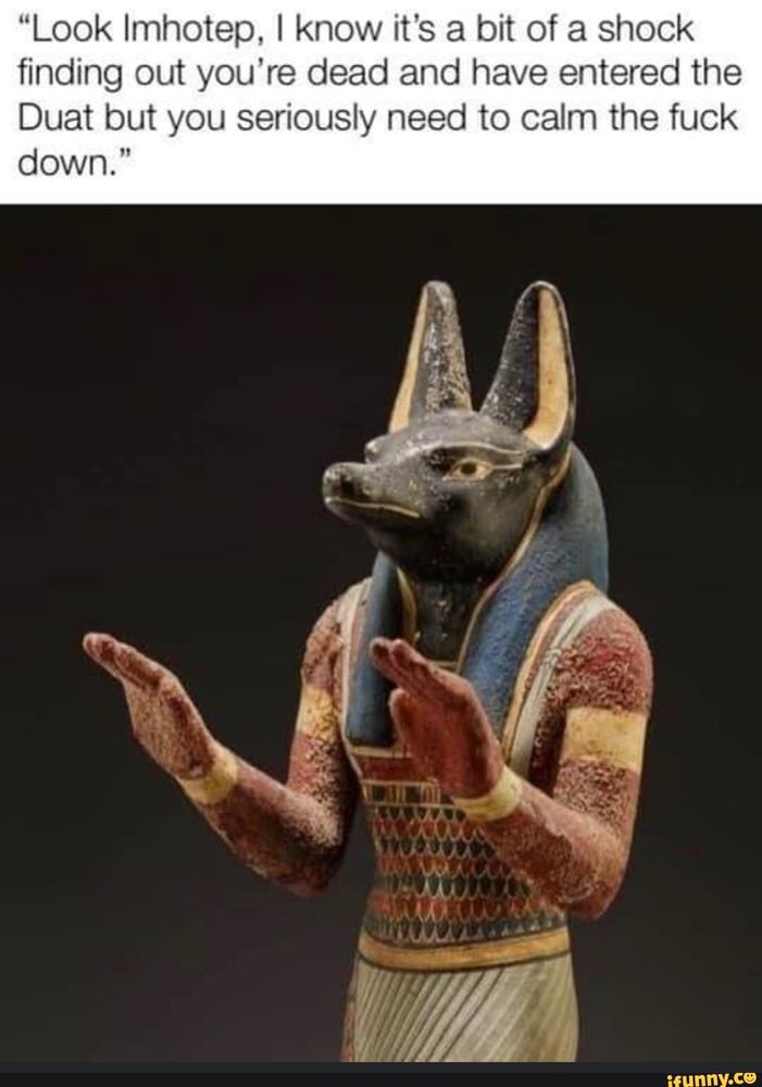 Statuette of Anubis, forearms half raised with palms down, captioned “Look Imhotep, I know it’s a bit of a shock finding out you’re dead and have entered the Duat but you seriously need to calm the fuck down”.

(I’d change Imhotep to Donald if I had an image editor and any skill at all using it.) 