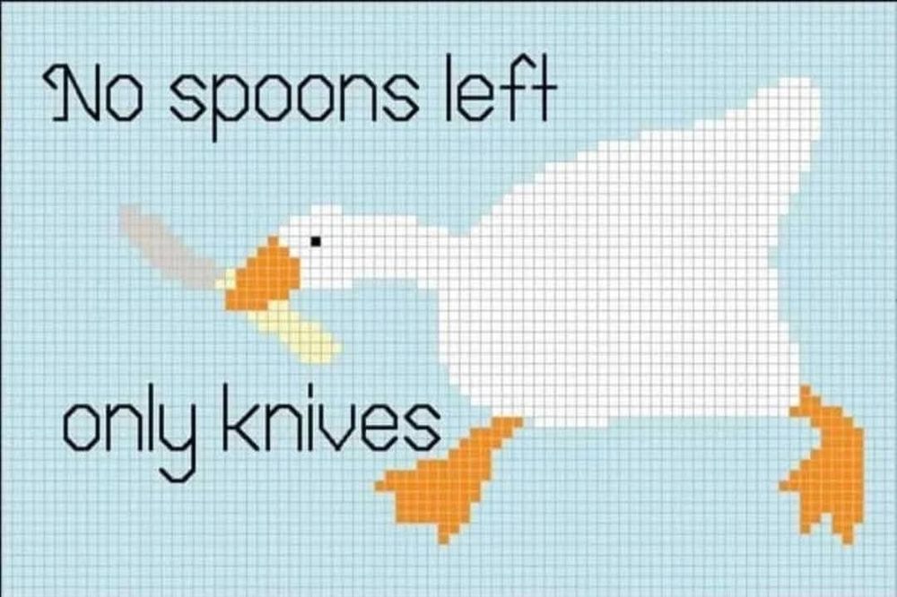 A goose with a knife in its mouth on a blue background with text that says "no spoons left, only knives"