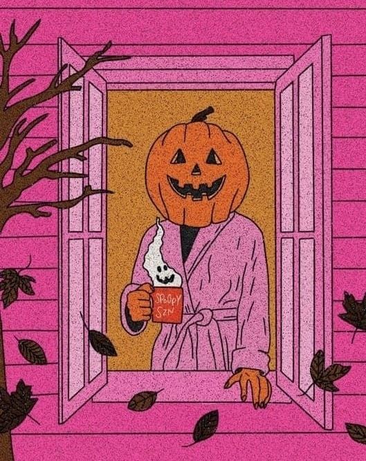 A pumpkin head wearing a pink robe looking out a window drinking a mug with ghosty steam coming off of it