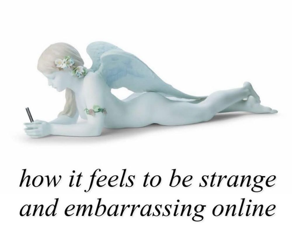 An angel laying on their stomach holding a phone with flowers in their hair and around their arm. The background is white and the text says "How it feels to be stange and embarassing online"