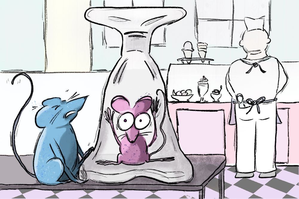 A small purple rat stairs, wide-eyed from beneath an overturned ice cream dish while a blue rat strains to lift the dish and free him. Behind them a man prepares ice cream at a counter. ￼