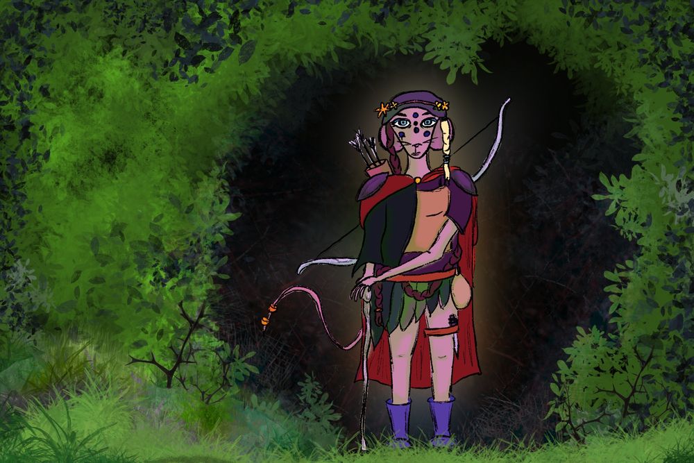 A Ratress emerges from an opening in the forest, bow across her back, hands on walking stick.