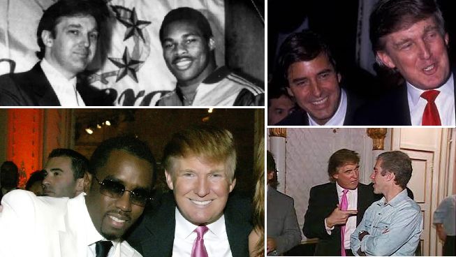 There are 4 images in this collage. From top left, clockwise: 1) Donald Trump left, and Lawrence Taylor right; 2) John Casablancas left, and Trump right; 3) Trump left, and a certain BFF known as Jeffrey Epstein, right; and, 4) Sean 