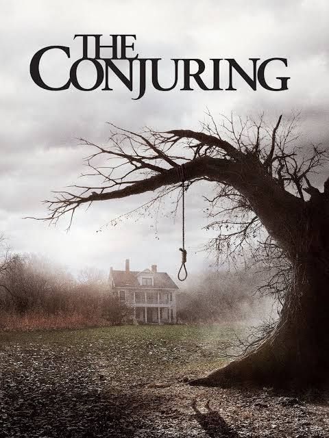 Sepia-toned movie poster of Horror film, "The Conjuring." 2 story White mansion in background, leaf-less tree with many broken branches in foreground. The tree has an (thankfully) empty noose hanging from it. Leaves litter the massive otherwise green lawn. There is an ominous fog covering the entire scene. The house is flanked by trees and bushes. It appears to be a massive property with no neighbors. On closer look, the ground in front of the tree contains the shadow of a seemingly young hanging body. It's scary, ok?! Fun for horror fans!