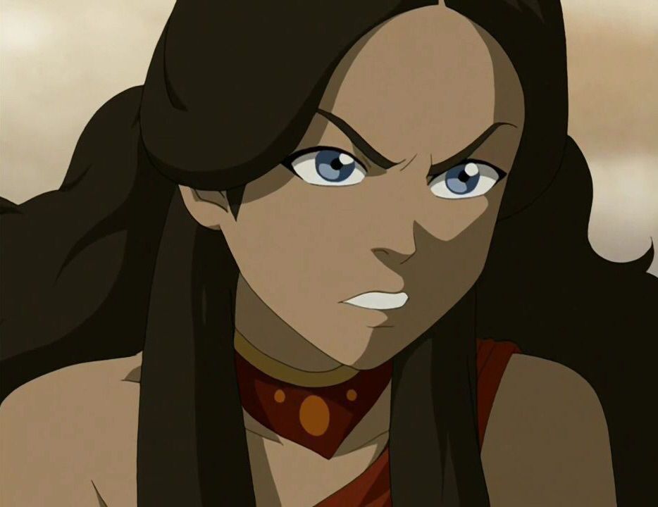 Katara with red fire nation clothes and loose hair. She is angry, screaming mid sentence.