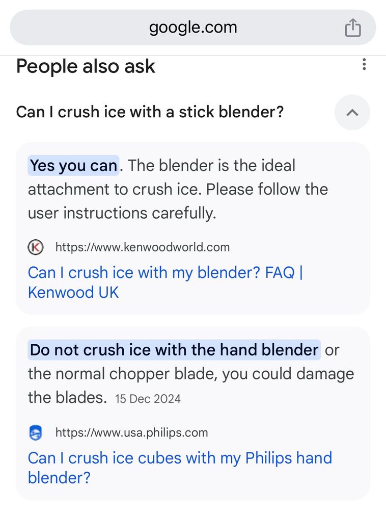 A Google drop down answer giving contradictory answers about using an immersion blender to crush ice cubes. 