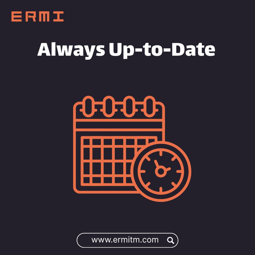 An orange outlined illustration on a dark grey background features the ERMI logo at the top, the text "Always Up-to-Date," a calendar, and a clock overlapping. The bottom of the image shows a search bar with the website address "www.ermitm.com."