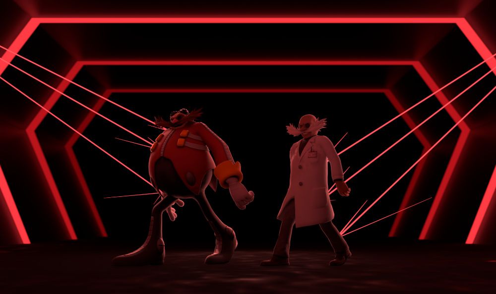 Render of Eggman and Gerald Robotnik, as they appear in the Sonic the Hedgehog video games, dancing in a laser-filled hallway, like the scene from Paramount's Sonic The Hedgehog 3.