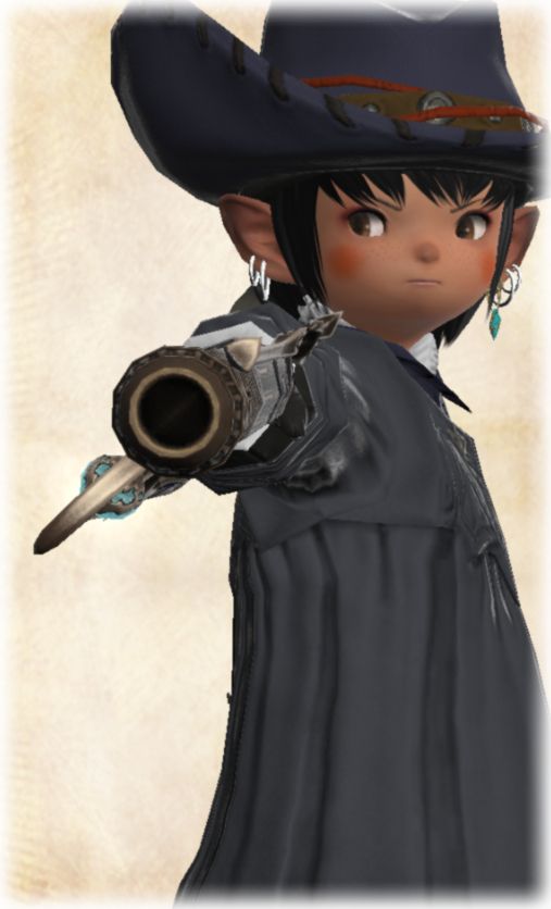 In-game portrait of a Lalafell machinist aiming his gun at the camera with a serious expression.