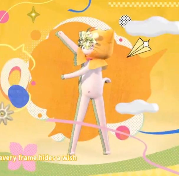 A screenshot of the Infinity Nikki 1.4 update trailer. It showcases Momo, a white cat looking creature, with unnaturally elongated limbs.