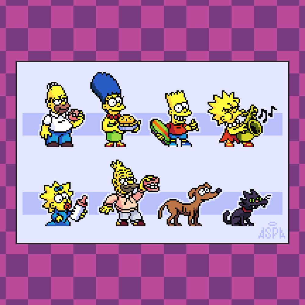 Sprites of the Simpsons in two rows. The first row are Homer, Marge, Bart and Lisa. The second row are Maggie, Abe, Santa's Little Helper and Snowball.