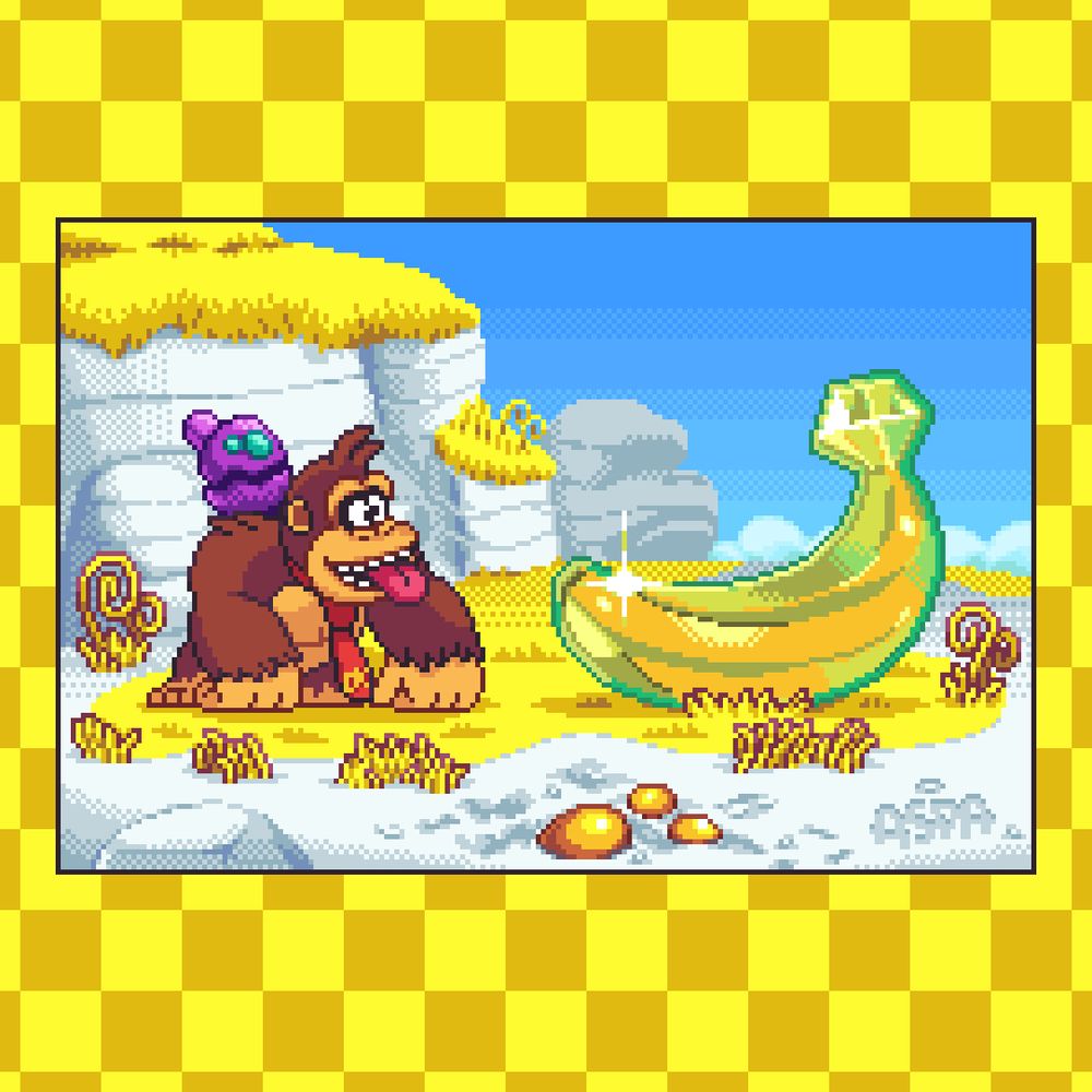 Pixel art of Donkey Kong Bananza looking at a shiny banana