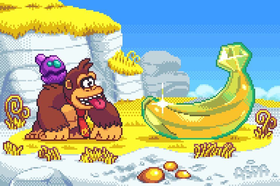 Pixel art scene about DK Bananza, where DK is looking to a shiny banana