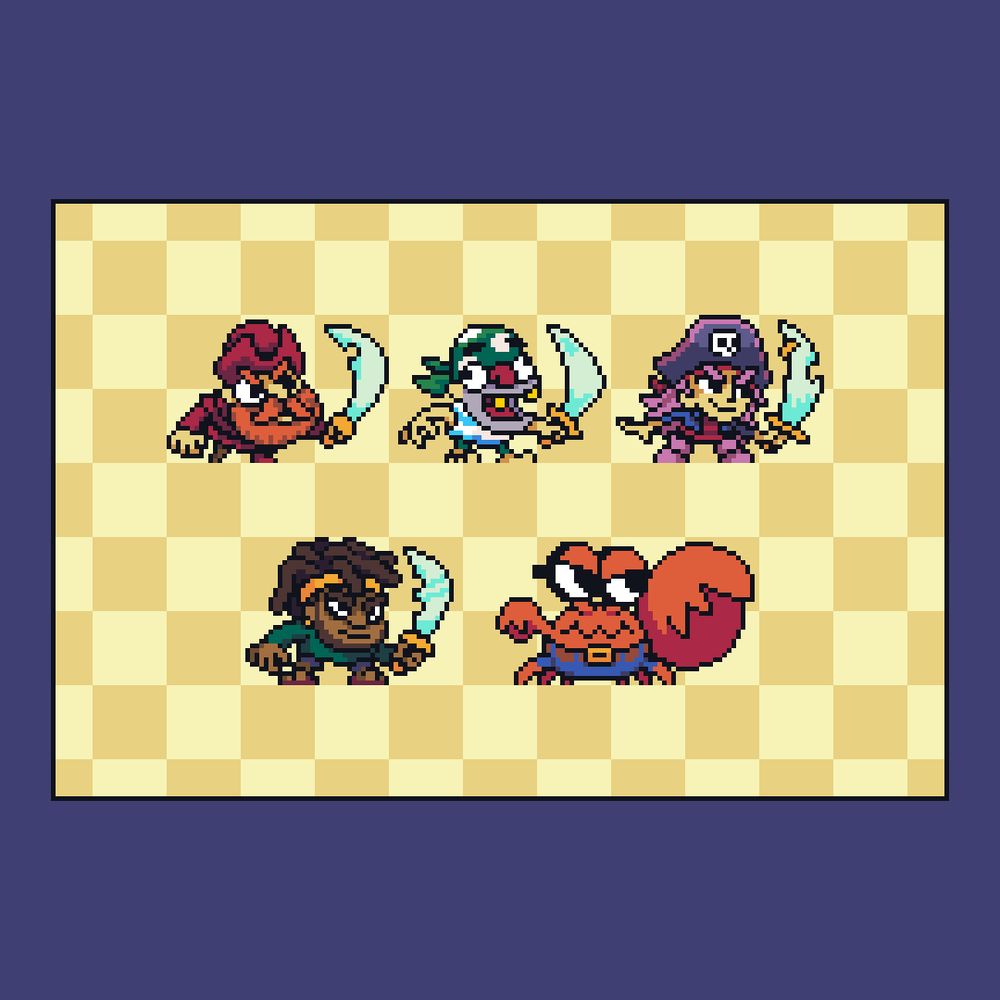 4 pirates and a giant crab in pixel art
