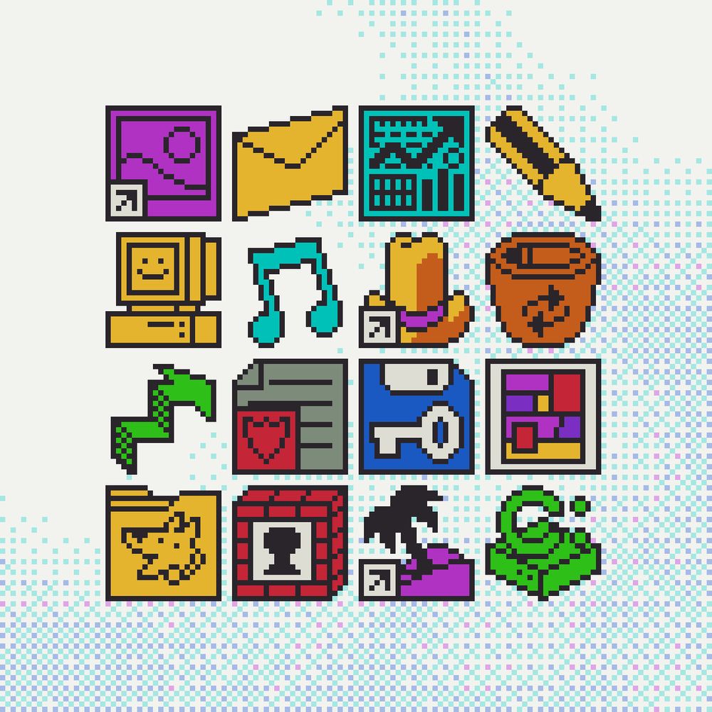 A set of 16 icons displayed in a 4x4 grid. Made in pixel art, each icon size is 22px. Old School style.