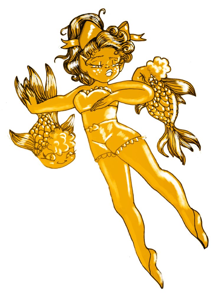 An orange elf girl with two goldfish on either side.