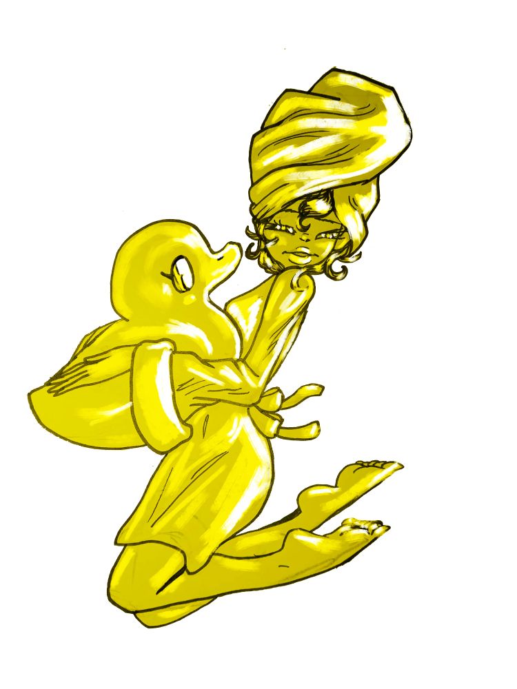 An illustration of a girl in a bathrobe and towel, colored yellow, holding a yellow duck.