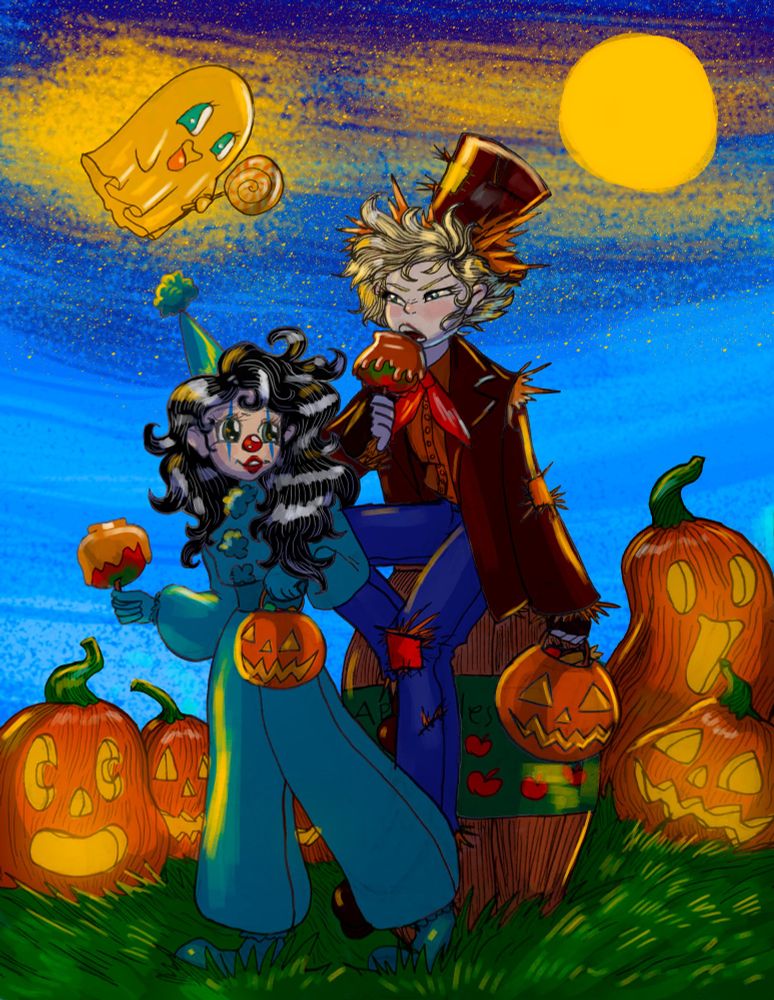 A dark-haired girl dressed as a clown and a blonde boy dressed as a scarecrow. Both are eating candy apples and holding Halloween candy buckets. A smiling ghost with a lollypop flies overhead. The boy is sitting on a barrel of apples, and they are surrounded by jack-o-lanterns.