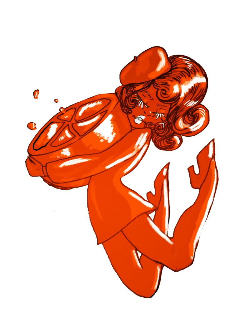 An orange-themed girl in mod fashion.