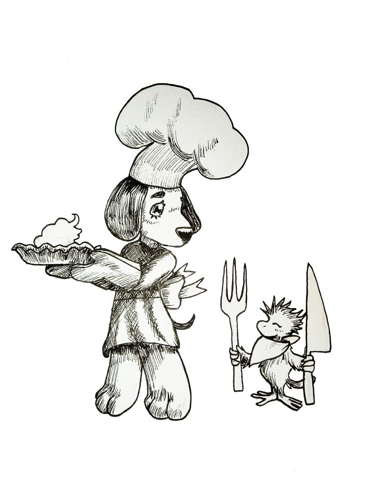A pen and ink illustration of Snoopy and Woodstock. Snoopy the dog has a baker hat and is holding a pie. Woodstock the bird has a fork and knife.