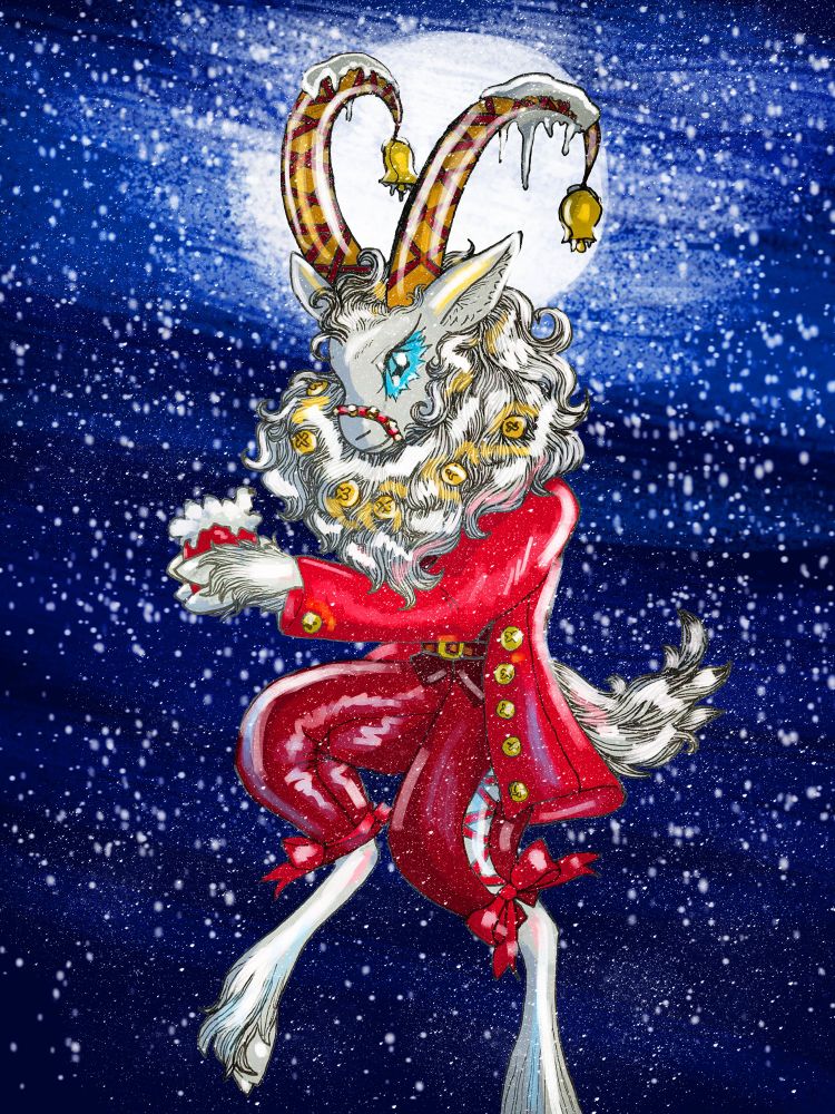 An anthropomorphic goat in Christmas attire with bells and ribbons.