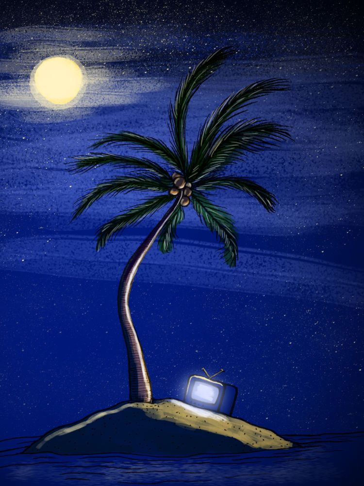 A TV glowing on a small deserted island with a palm tree.