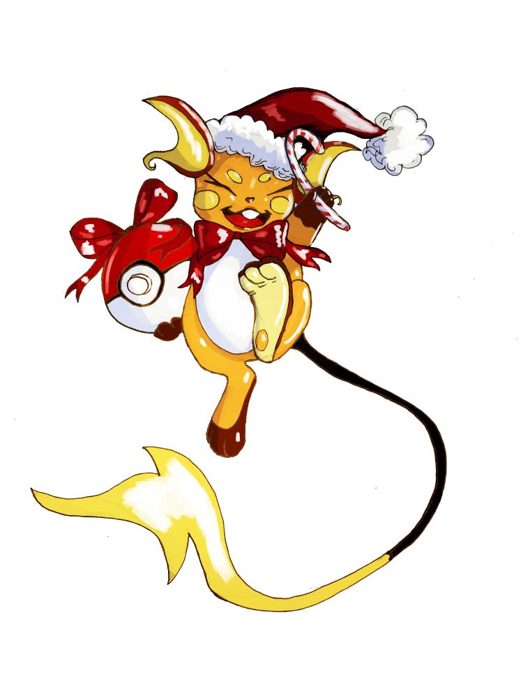 A Raichu in a Santa hat.