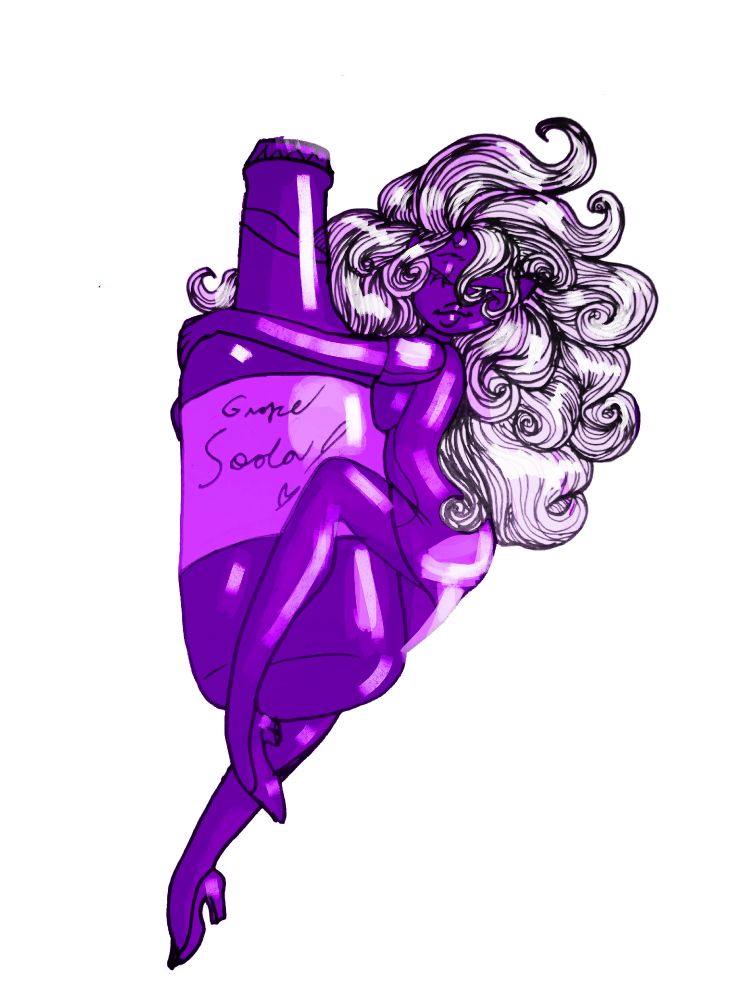 A purple girl hugging a grape soda.