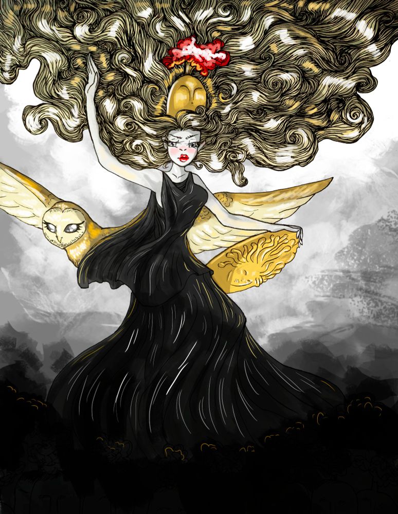 The goddess Athena - in stormy gray robes with gray eyes, with beautiful illustrious golden hair, a golden shield, and a golden helmet and owl - descending over a stormy background.