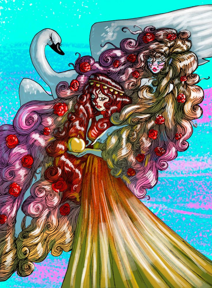 Helen of Troy, the goddess of Love and Beauty Venus, and a swan.