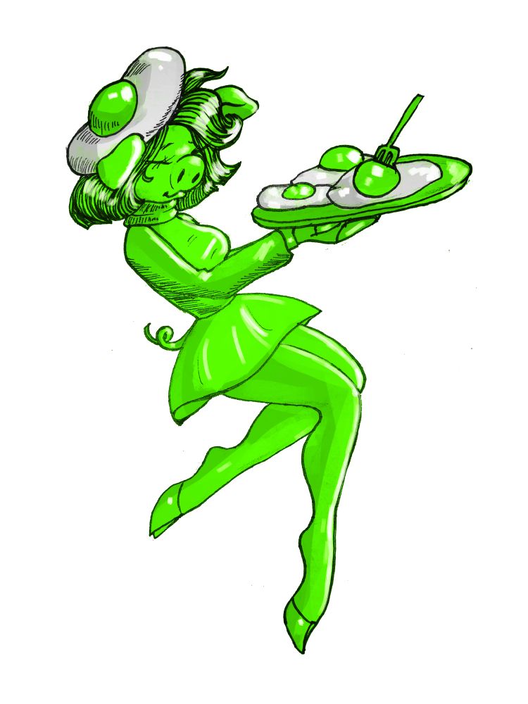 A green piggy girl with a plate of green eggs and a green fried egg-shaped hat.