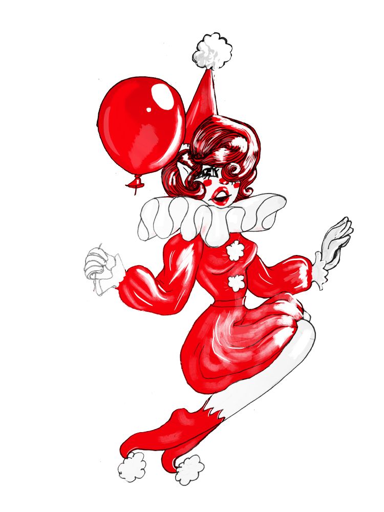 A red clown girl with a balloon.