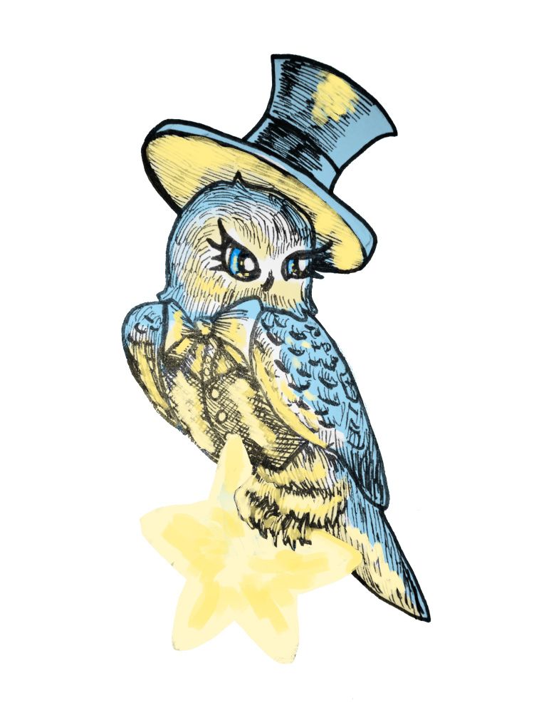 An illustration of a snowy owl in a vest, bowtie, and top hat, perched on a star.