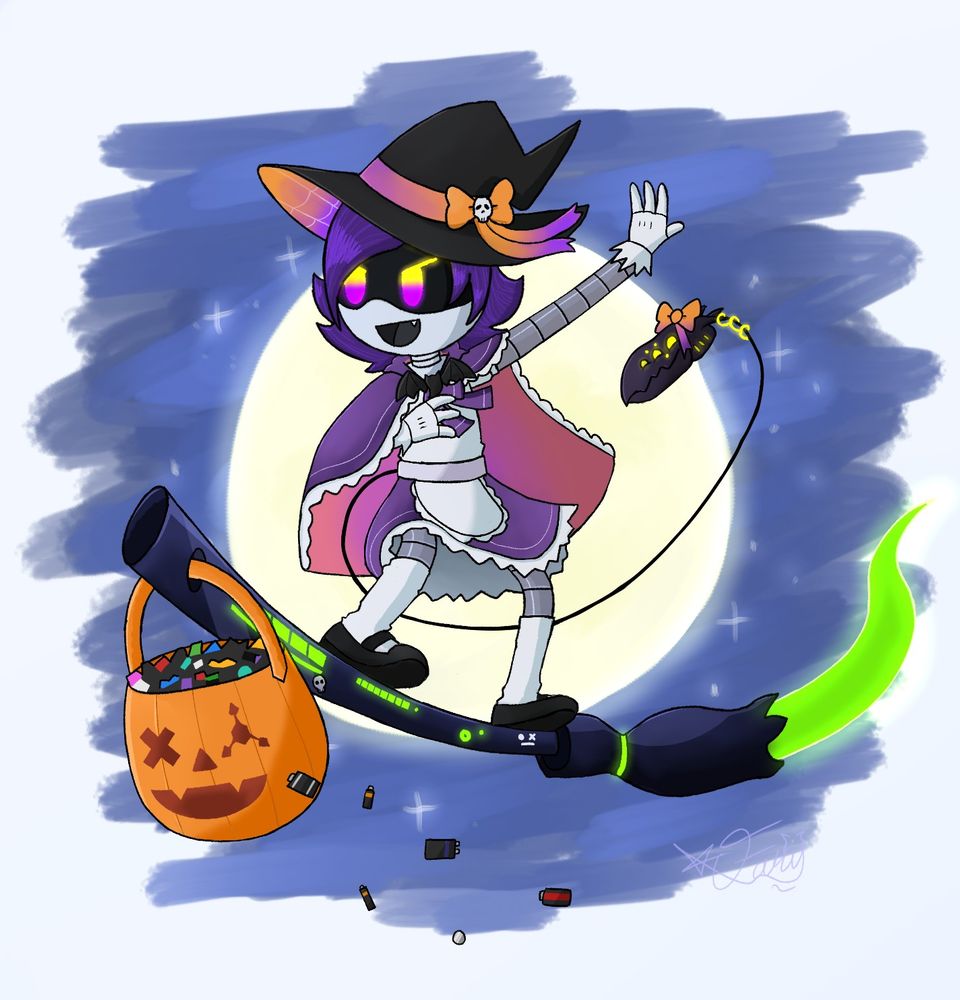 Uzi in a witch costume, flying through the sky on a broomstick that looks like her railgun.