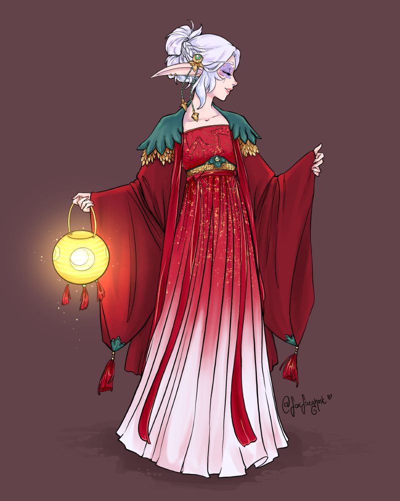 A white haired elf, carrying a Lunar New Year lantern, dressed in a long red over-robe and dress